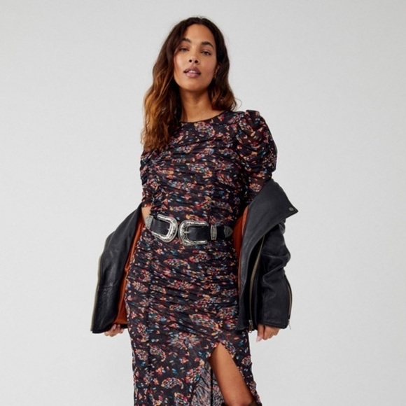 Free People Dress Womens XS Black Grunge Floral Ruched Midi - Picture 11 of 11